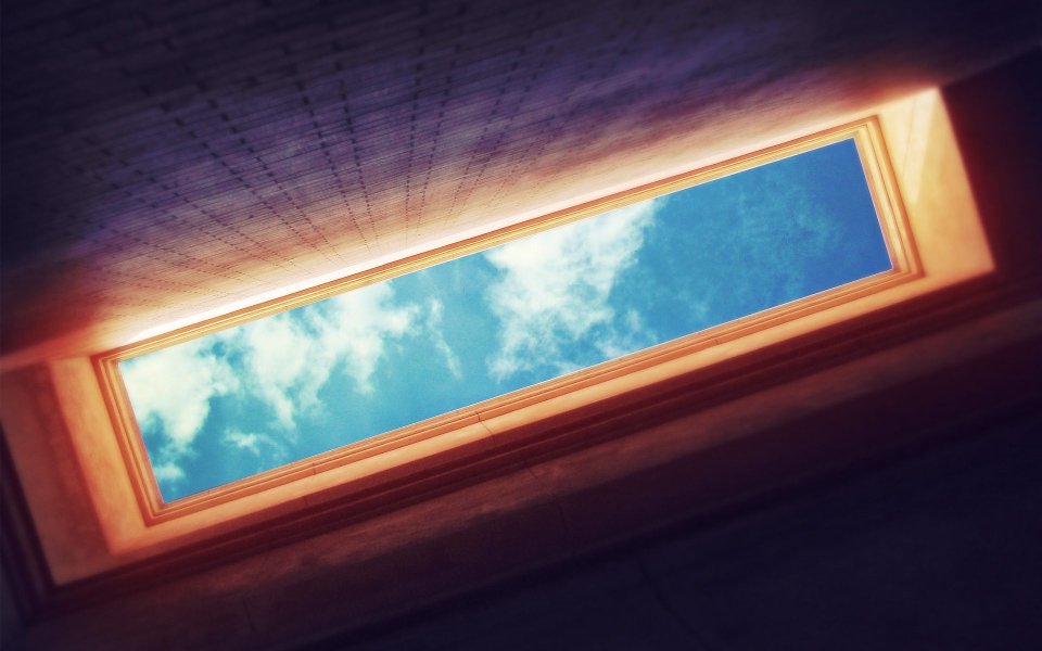 Retro Photo Of Blue Sky White Clouds Through Wooden Skylight