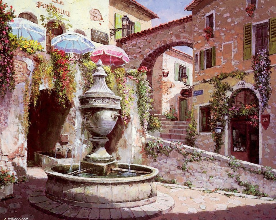 Saint Paul De Vence France Town Fountain Oil Painting