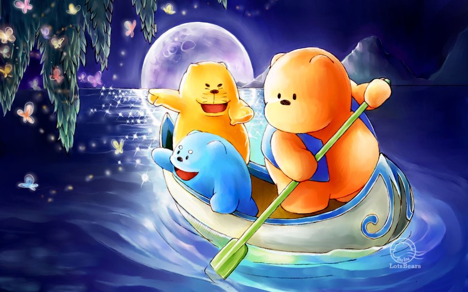 星光伴月光 三只卡通小熊月夜泛舟治愈插画