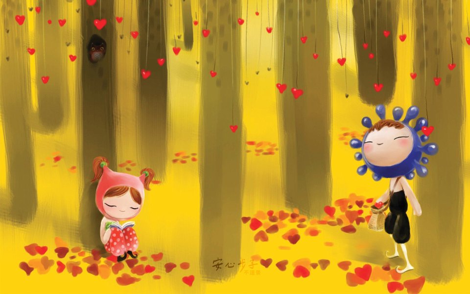 Warm Autumn Heart Forest Cute Cartoon Illustration Of Little Girl Reading
