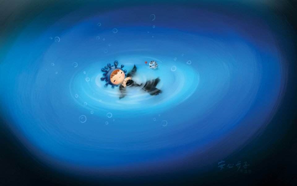 蓝色深海漂浮可爱卡通小人童趣治愈插画
