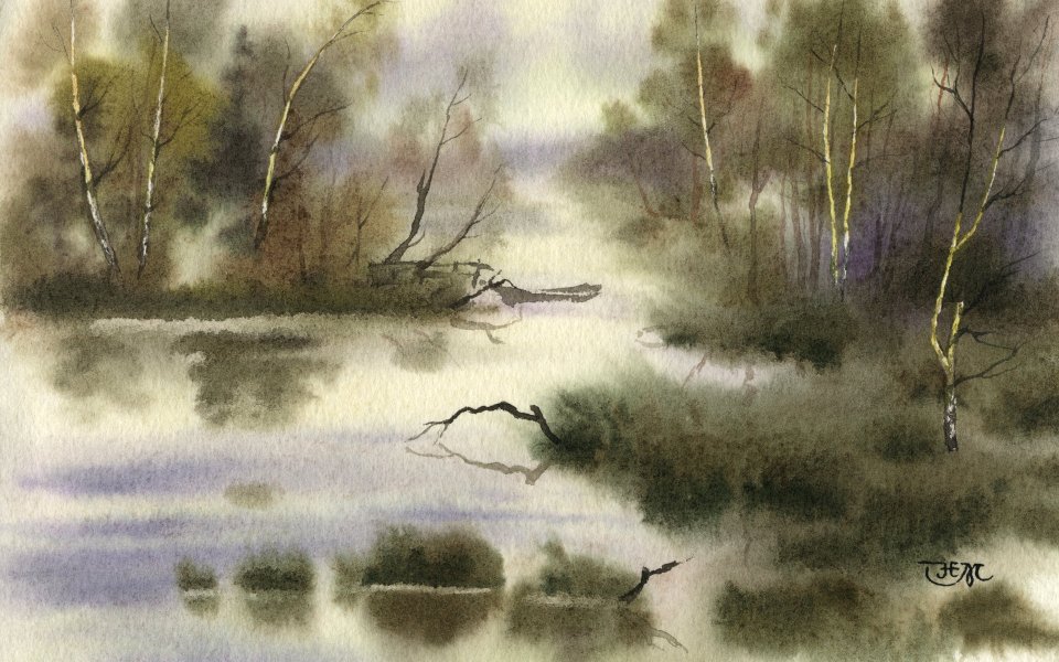 水彩画静谧森林湖泊
