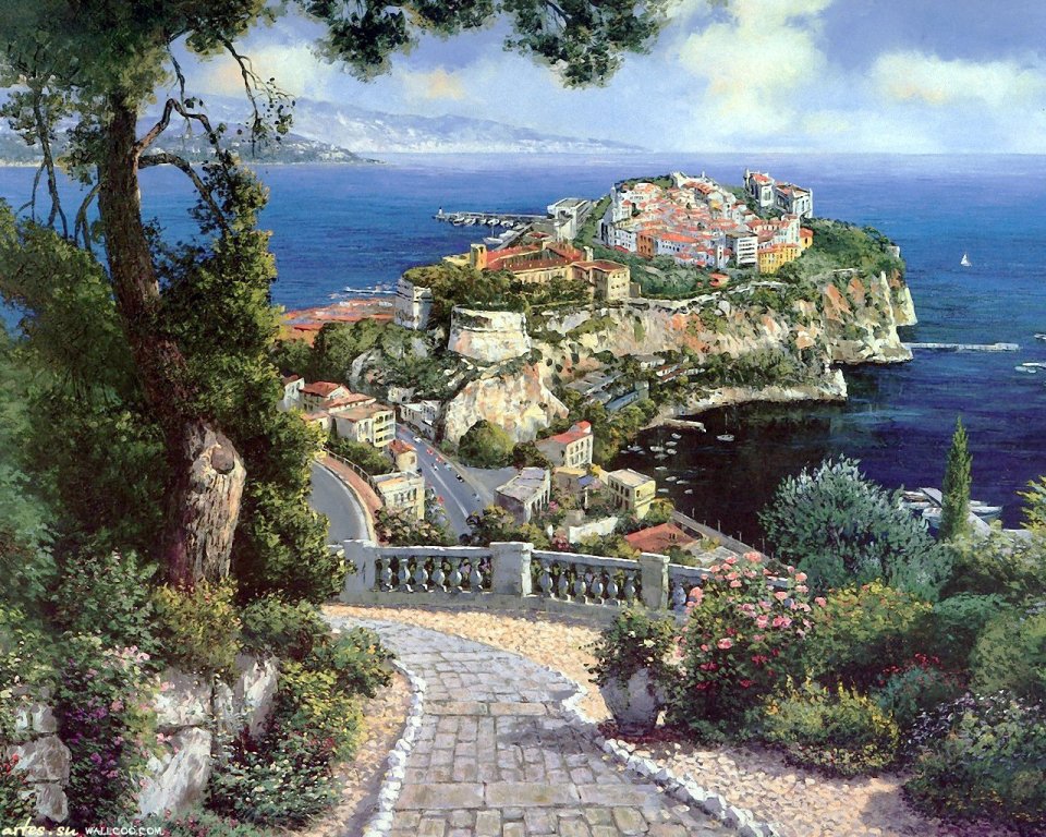 Sung Sam Park French Riviera Coastal Town Landscape Oil Painting