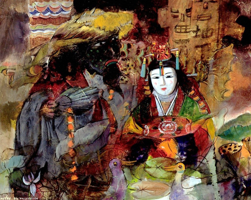 Sung Sam Park Korean Folk Traditional Doll Decorative Oil Painting