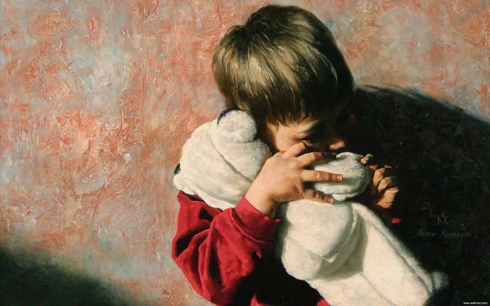 Little Boy Holding White Teddy Bear Realistic Oil Painting