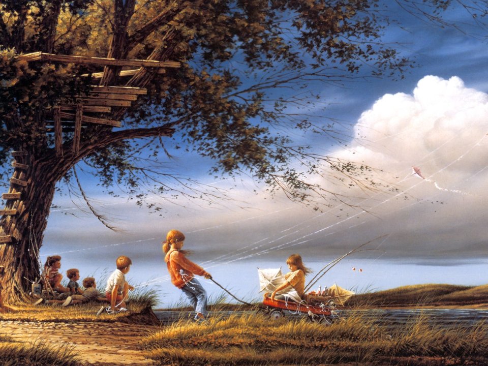 Terry Redlin Spring Fever Children Kite Playing Countryside Oil Painting