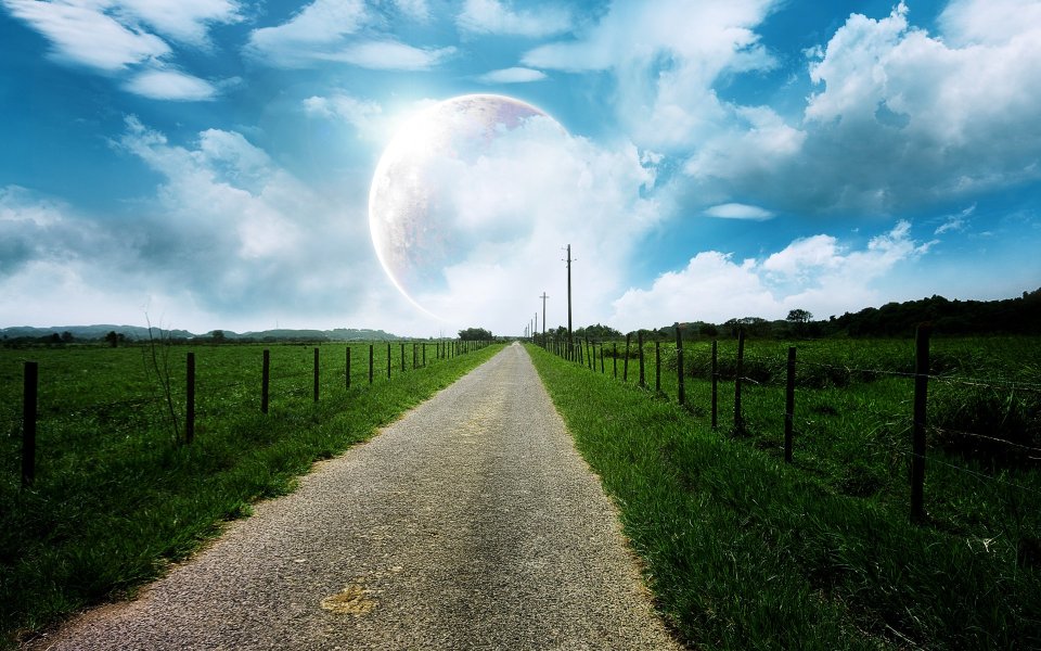超现实奇幻风景 乡间碎石路与天空巨型月球
