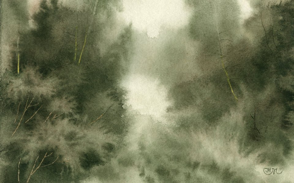 Watercolor Misty Forest Landscape