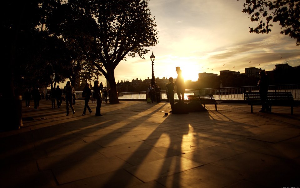 London Thames River Sunset Promenade Silhouette Scenery