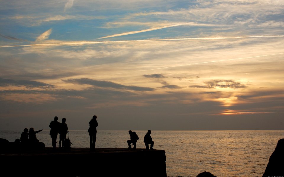 Sunset Seaside Pier People Silhouette Landscape