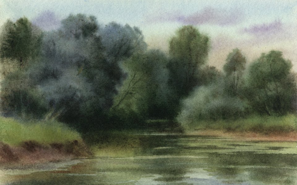 Watercolor Painting Of Riverside Forest