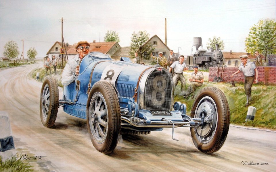 Vaclav Zapadlik Watercolor Vintage Bugatti Racing Car Country Scene