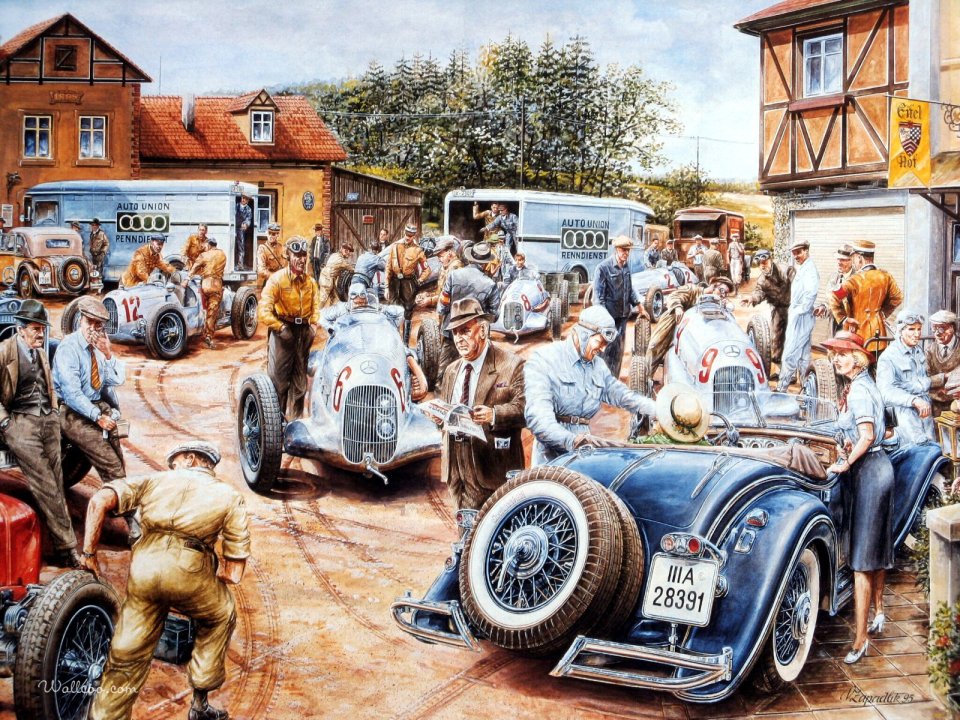 Vaclav Zapadlik Vintage Silver Arrow Racing Preparation Painting