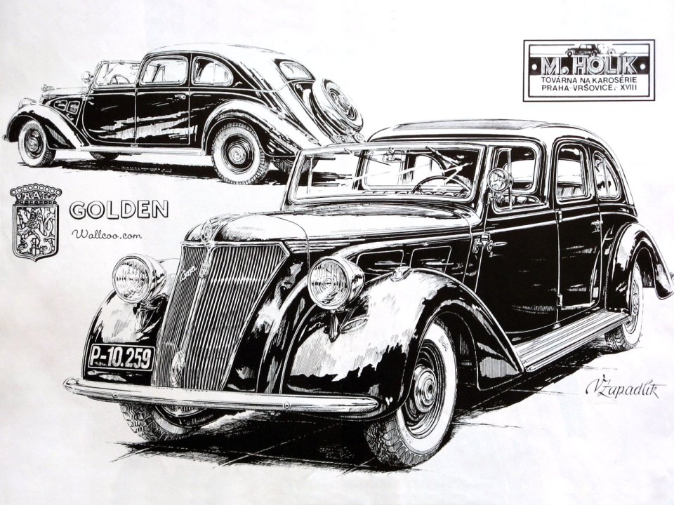 Vaclav Zapadlik Black Pen Drawing Vintage Classic Cars