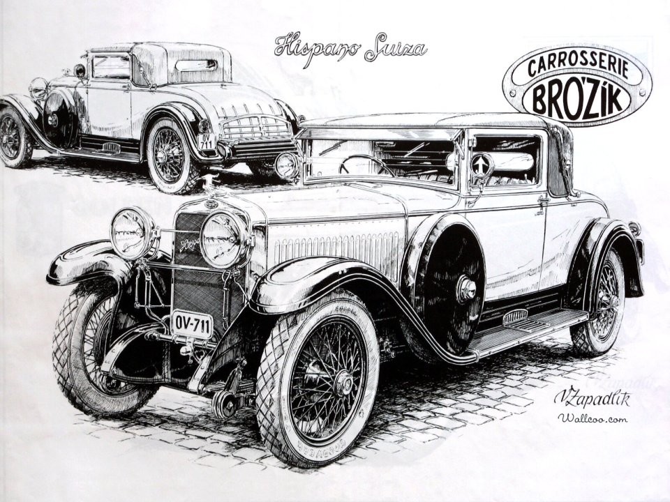 Vaclav Zapadlik 手绘 Hispano Suiza 复古老爷车钢笔画