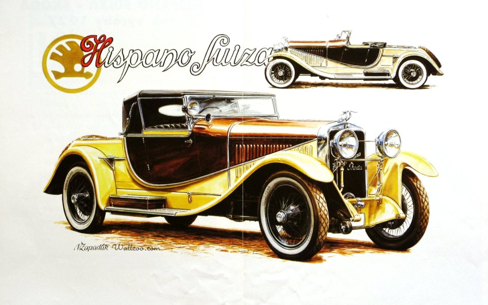Vaclav Zapadlik Hand Drawn Hispano Suiza Vintage Car Art Painting