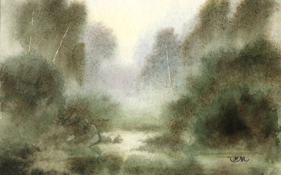 水彩画《静谧之谷》