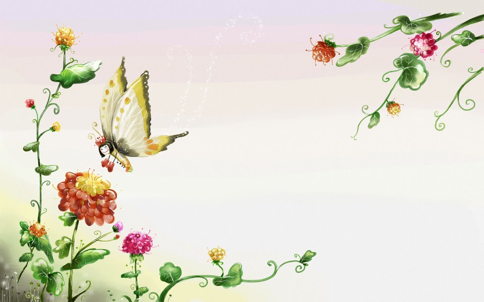 梦幻花园蝴蝶与花卉插画