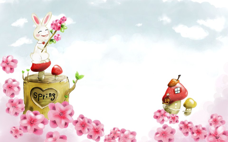 春日童话：兔子与樱花树桩插画