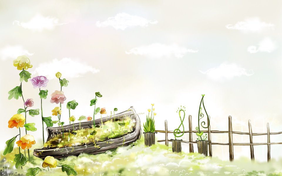 Spring Garden Illustration With Wooden Boat