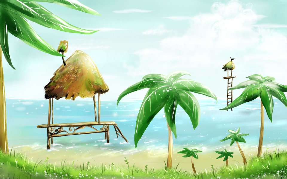 热带海滩度假茅草屋插画