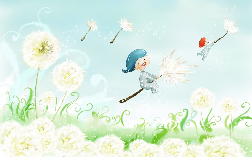 Dreamy Dandelion Flying Cartoon Illustration
