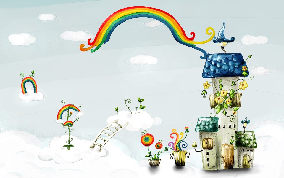 Dreamy Rainbow Castle In The Clouds Illustration