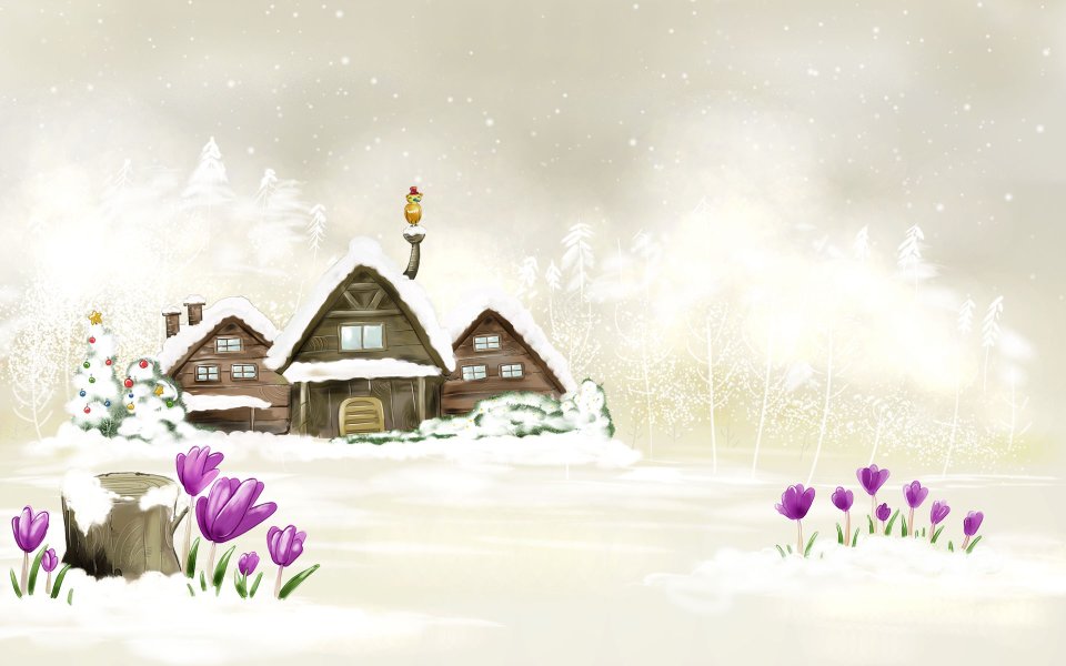 Winter Wooden Cabin With Crocus Illustration
