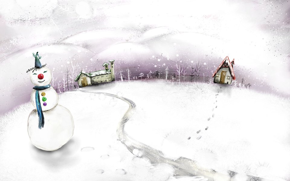 冬日童话雪人与小屋插画