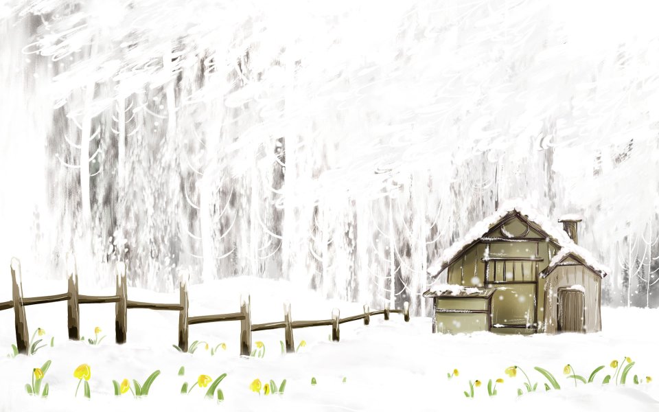 雪中森林木屋与黄花