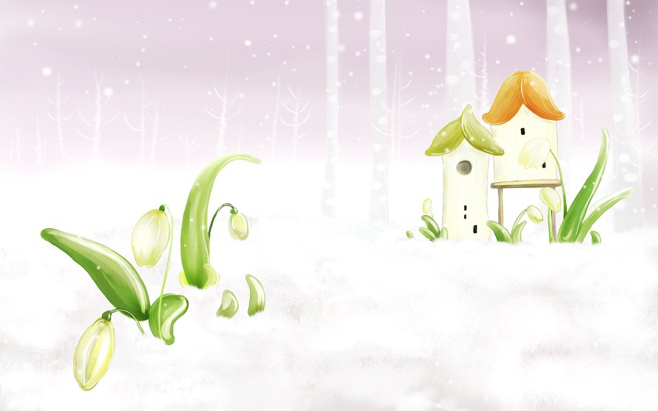 冬日雪地里的童话小屋与雪滴花