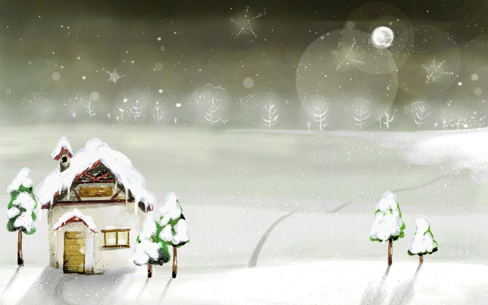 Cozy Winter Cabin Snowy Night Illustration