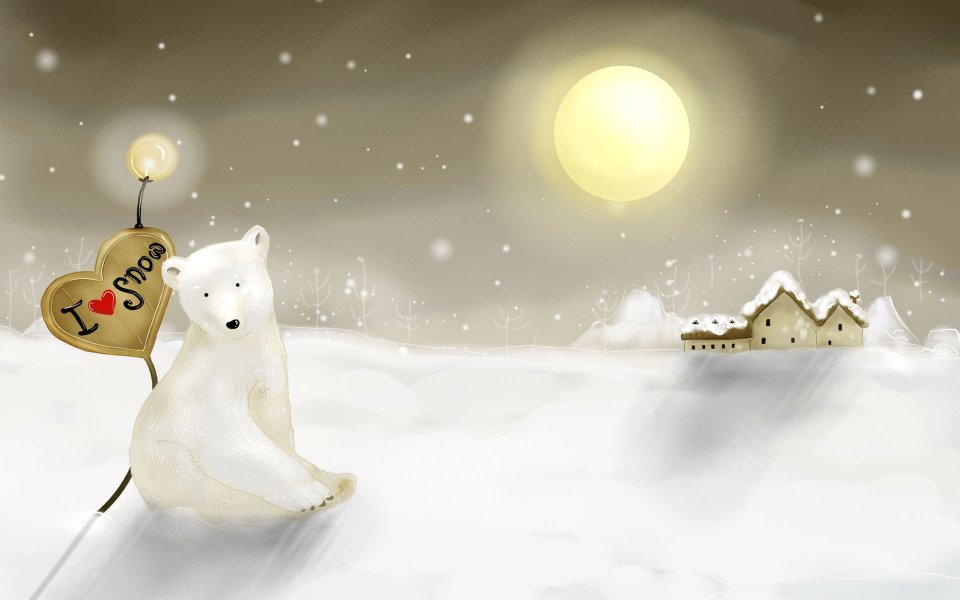 Cozy Winter Illustration Polar Bear And Snowy Cottage