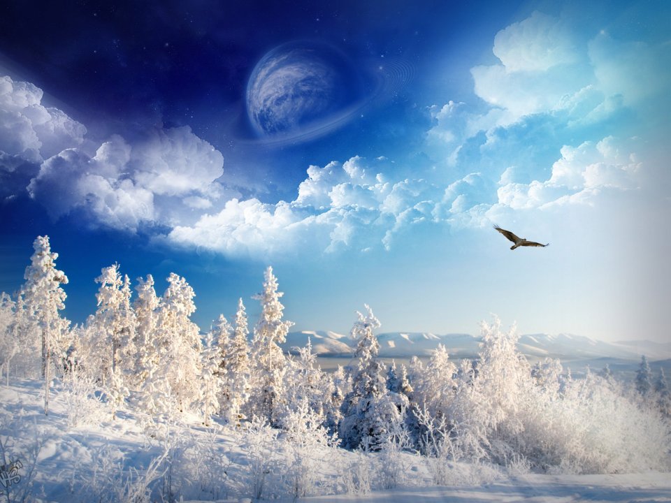 超现实奇幻冬季雪景 天空悬浮带环行星