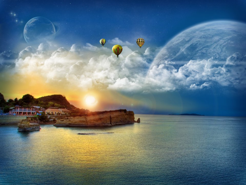 超现实奇幻海岸日出 热气球漫游异星科幻风景