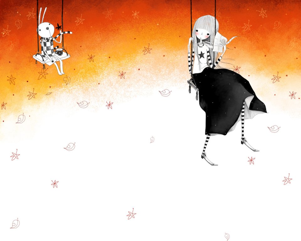 Girl And Rabbit On Swings Autumn Illustration