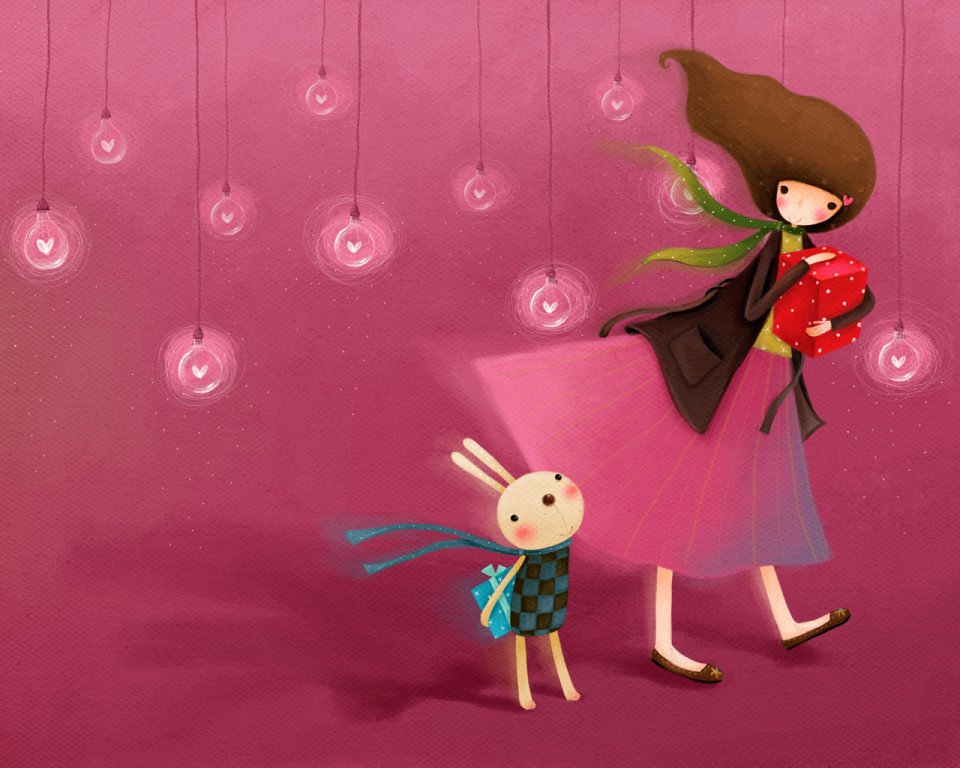Whimsical Illustration Girl And Rabbit With Gifts