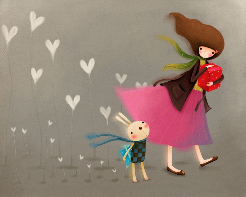 Girl And Rabbit Gift Illustration