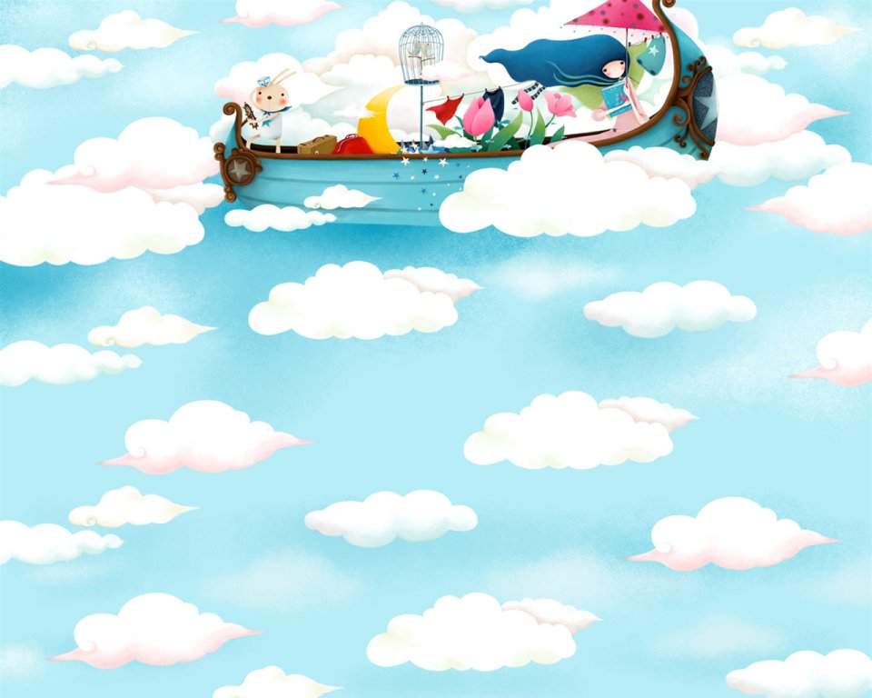 梦幻云端飞船与少女插画
