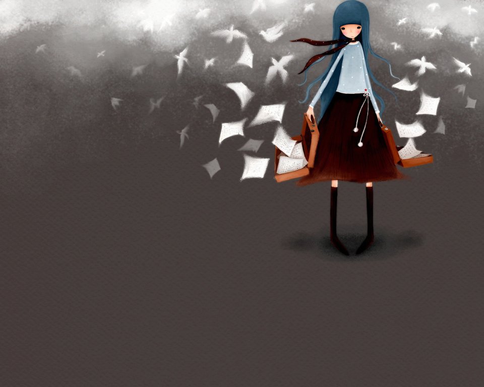 Girl With Suitcase And Flying Papers Illustration