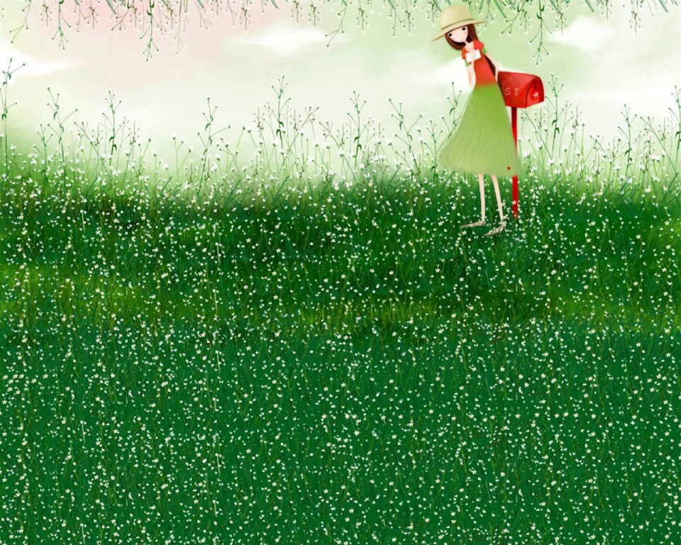 Girl With Red Mailbox In Meadow Illustration