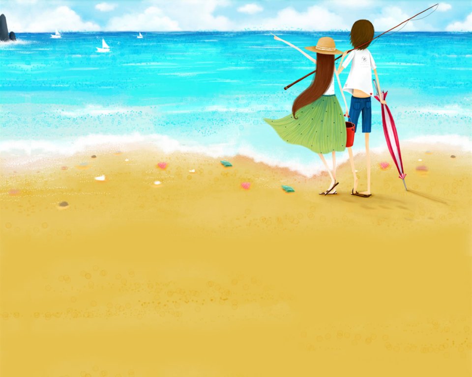 海边度假的情侣手绘插画