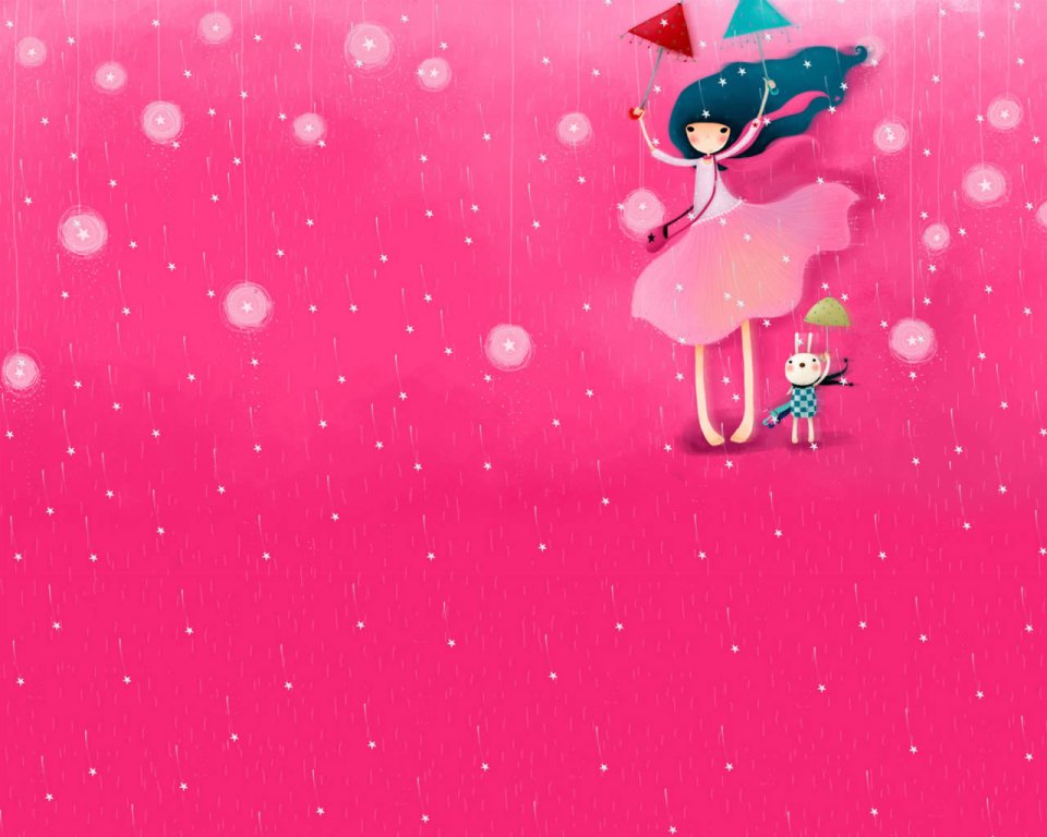 Girl And Rabbit In Pink Star Shower