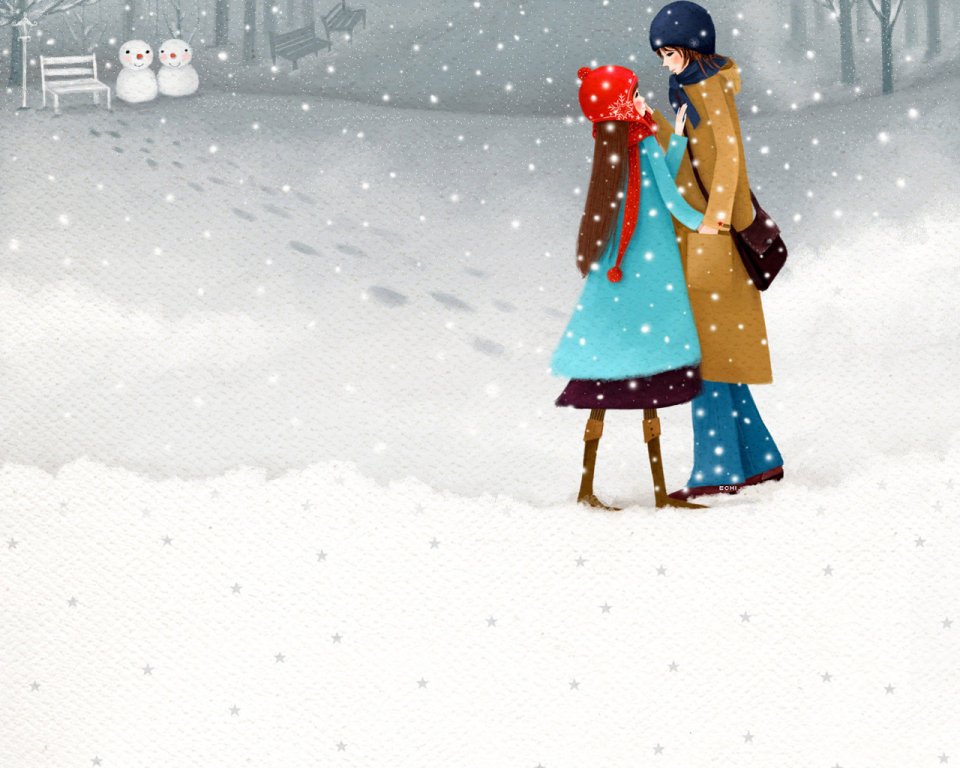 Romantic Couple In Winter Snow Illustration