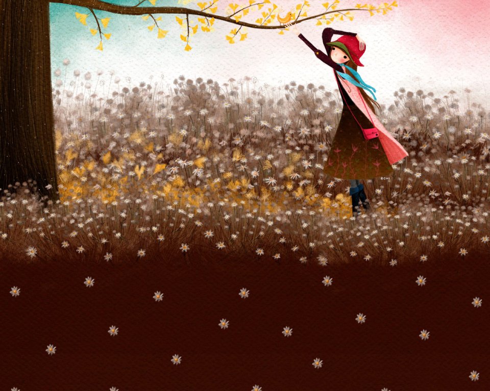 Echi 唯美秋日少女与银杏插画