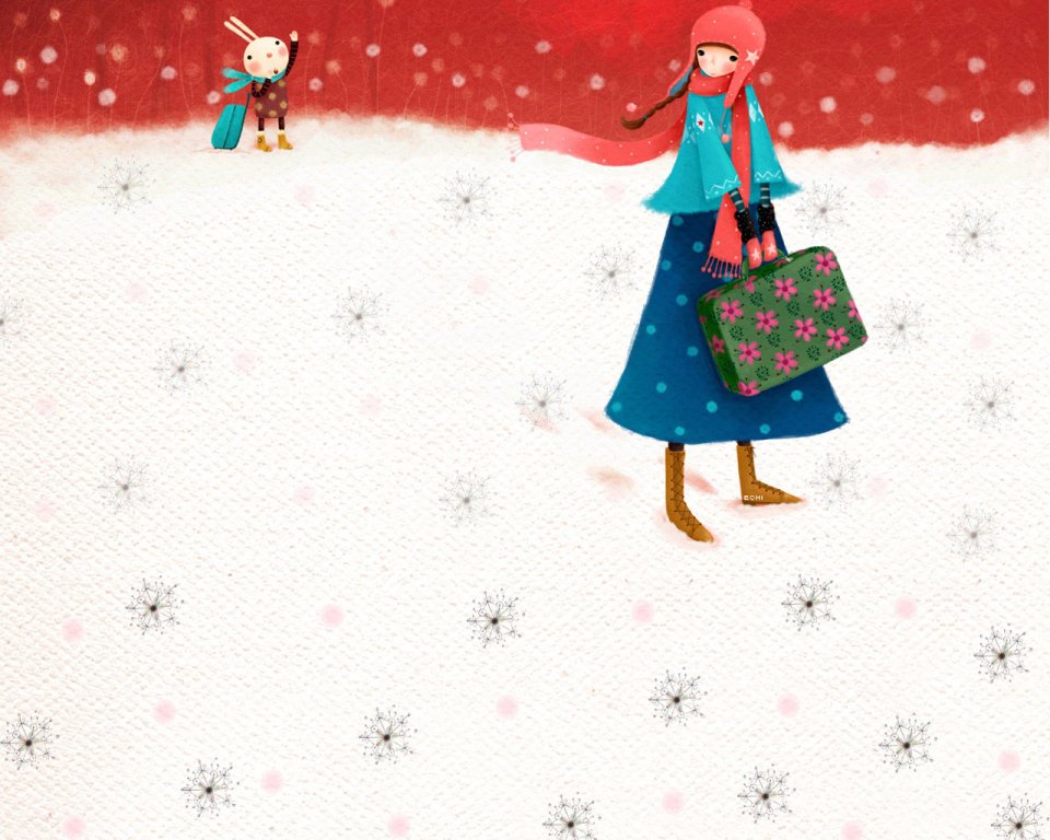 Echi插画：雪地里的女孩与兔子