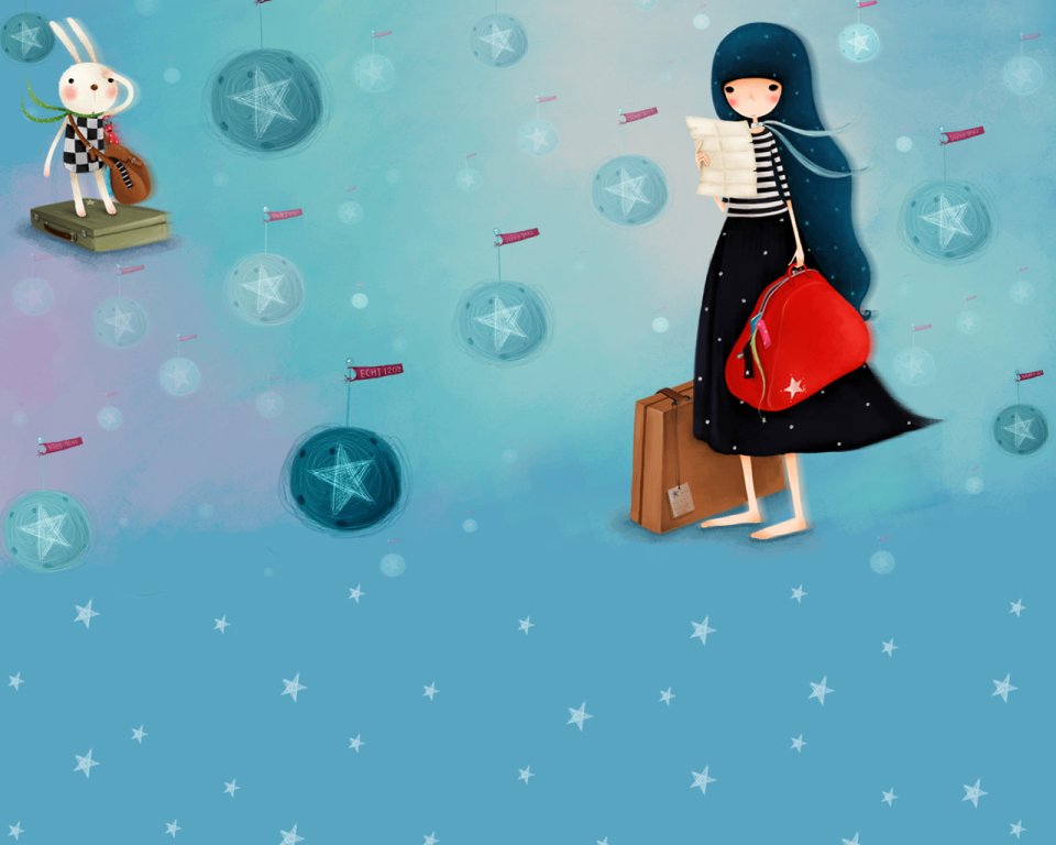 Dreamy Girl And Rabbit Starry Travel Illustration