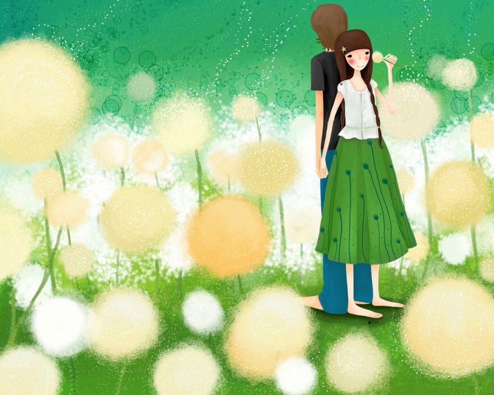 Romantic Couple With Dandelions Illustration