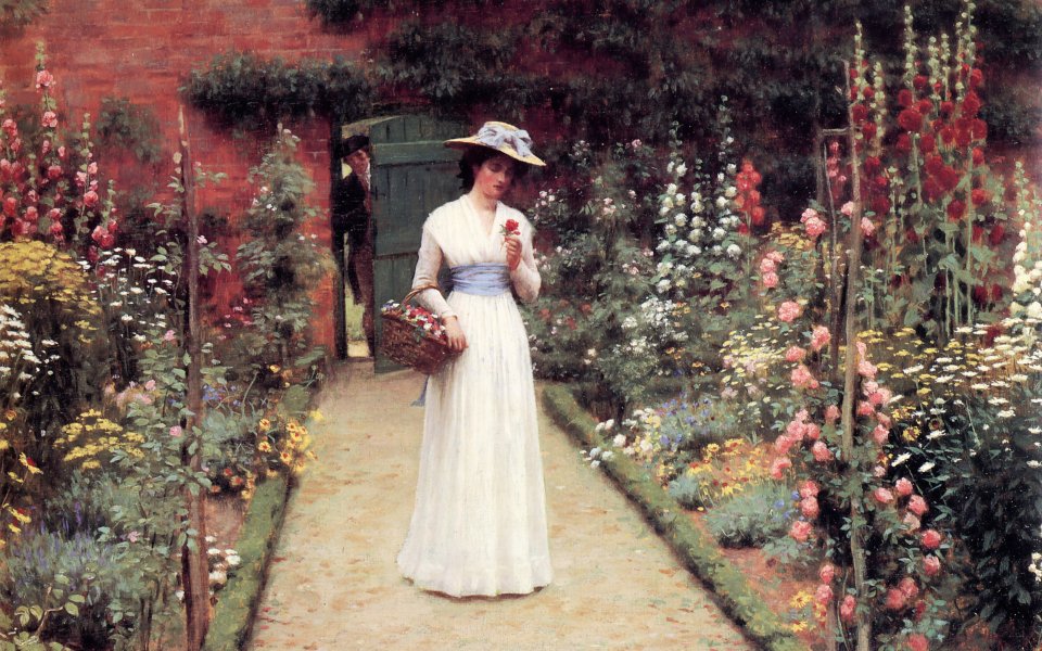 Edmund Blair Leighton Lady In Garden Classical Oil Painting
