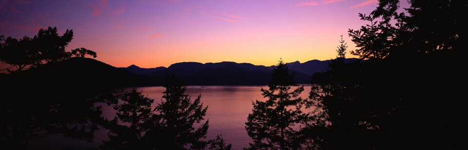 日落紫橙晚霞湖山针叶林剪影宽屏自然风光